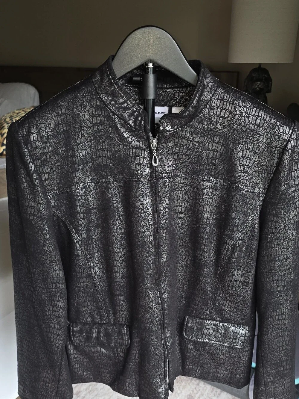 Alfred Dunner Black Croc-Embossed Bomber Jacket